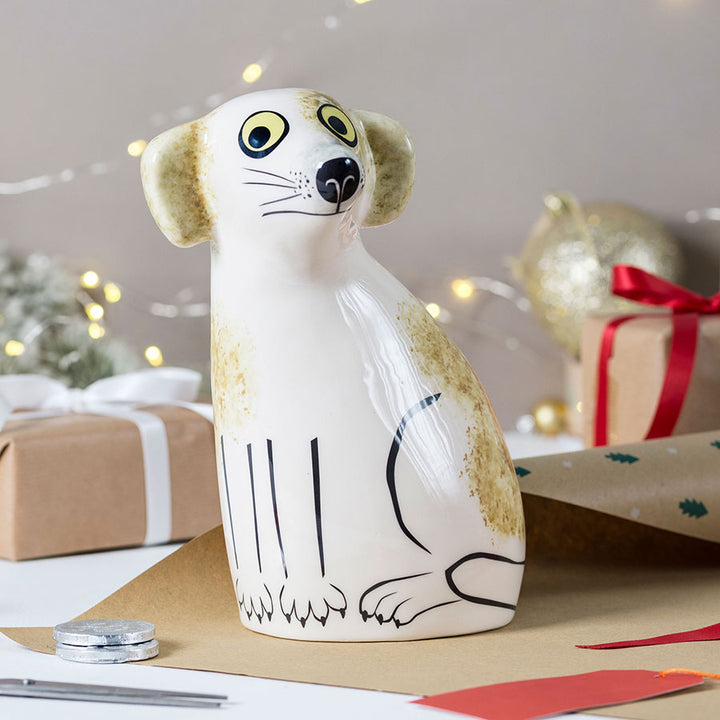 Handmade Ceramic Brown and White Dog Money Box by Hannah Turner