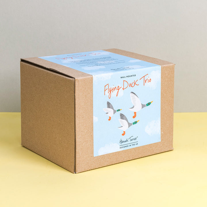 Brown cardboard gift box with a printed white label featuring flying duck illustration and the text 'Flying Duck Trio' and 'Hannah Turner designed in the UK' on a pale blue sky background with fluffy clouds. Packaging shot for Hannah Turner's Flying Duck Trio Ceramic Wall Art.
