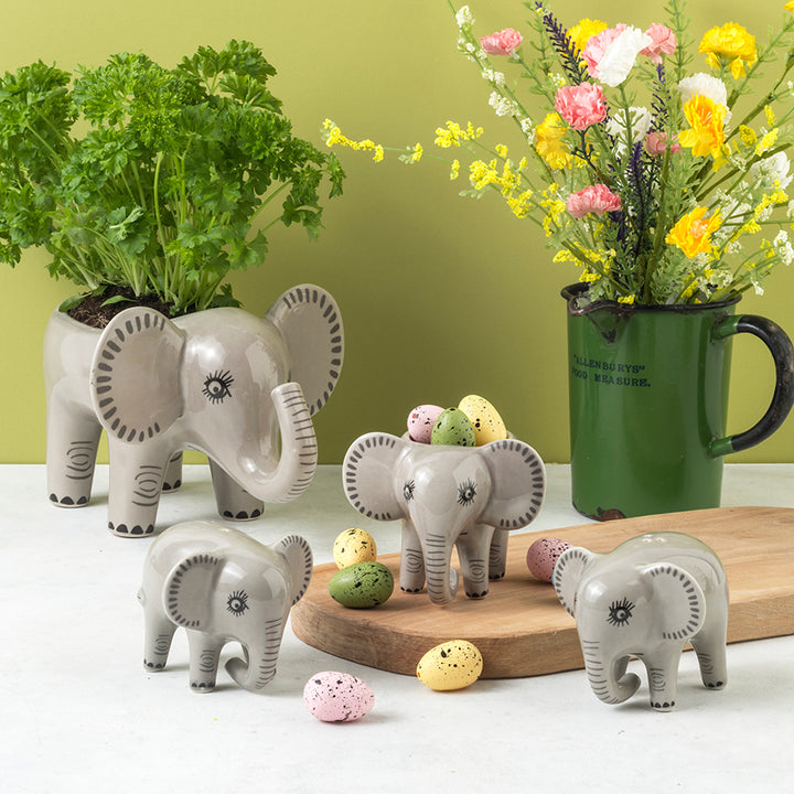 Handmade ceramic elephant egg cup and salt and pepper shakers by Hannah Turner