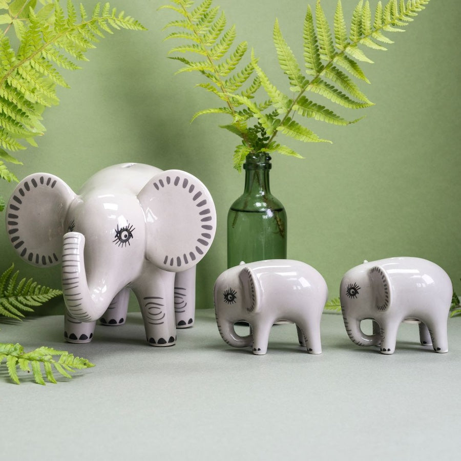 Handmade Ceramic Elephant Money Box and Salt and Peppers by Hannah Turner