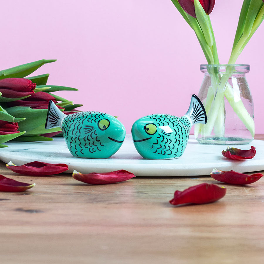 Teal Blue fish Salt and Pepper Shakers by Hannah Turner