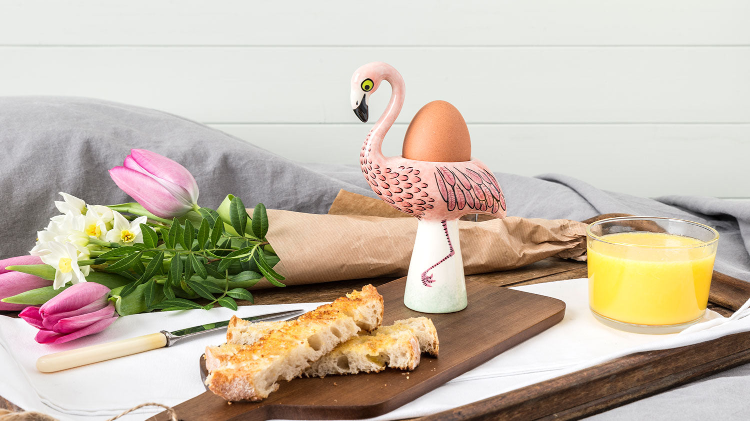Flamingo egg cup in a kitchen setting 