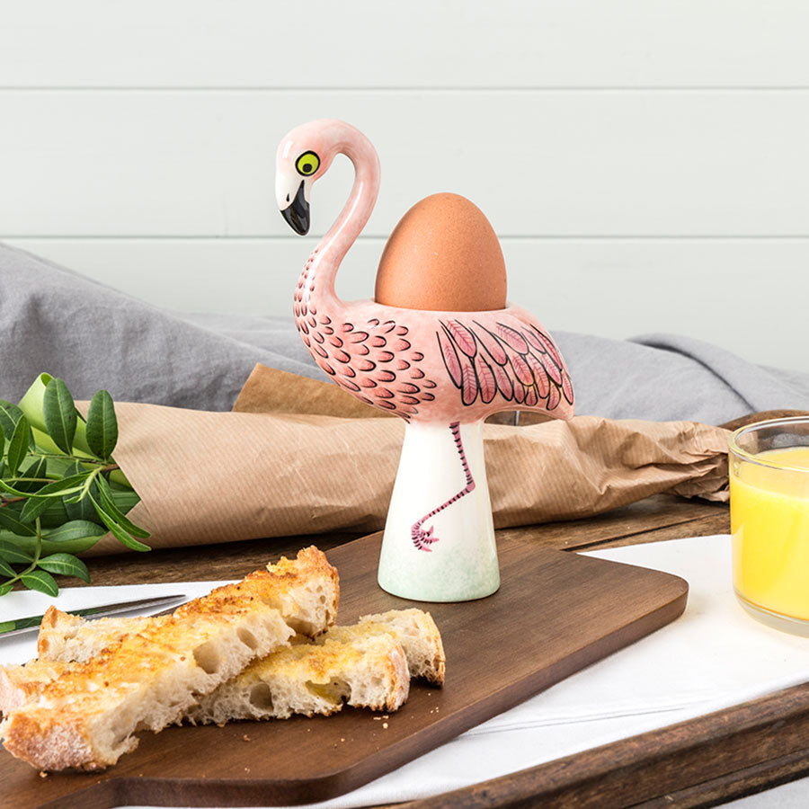Flamingo egg cup in a kitchen setting