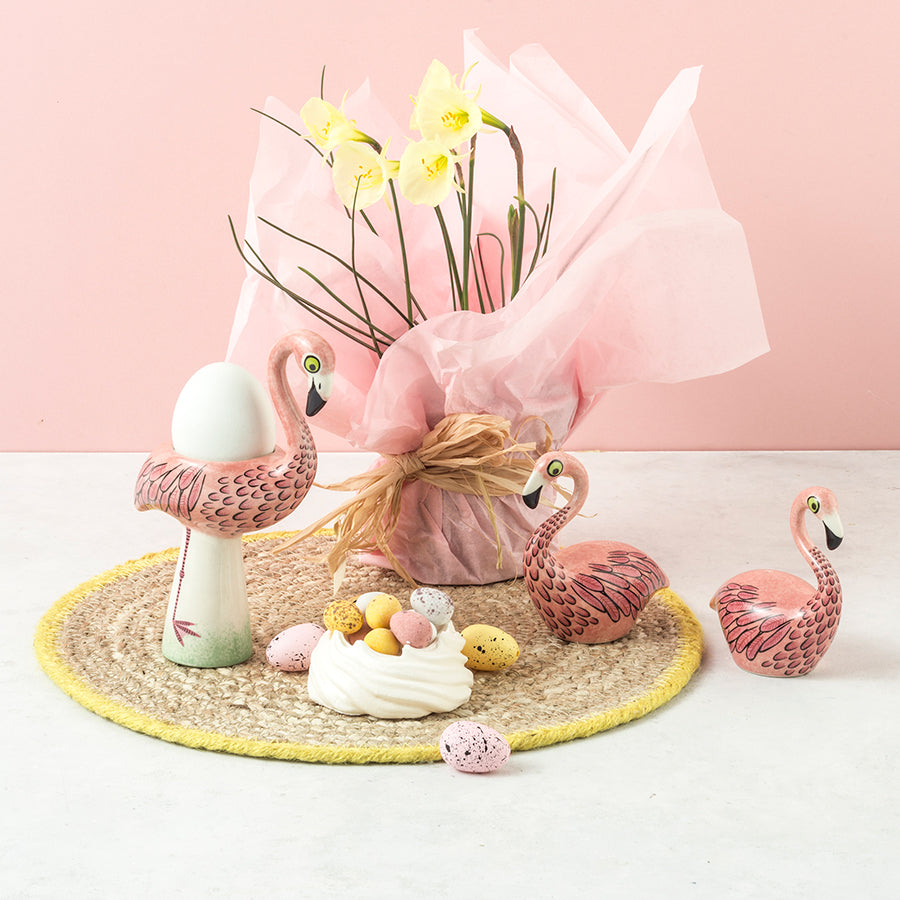 Handmade ceramic flamingo egg cup and salt and pepper shakers by Hannah Turner