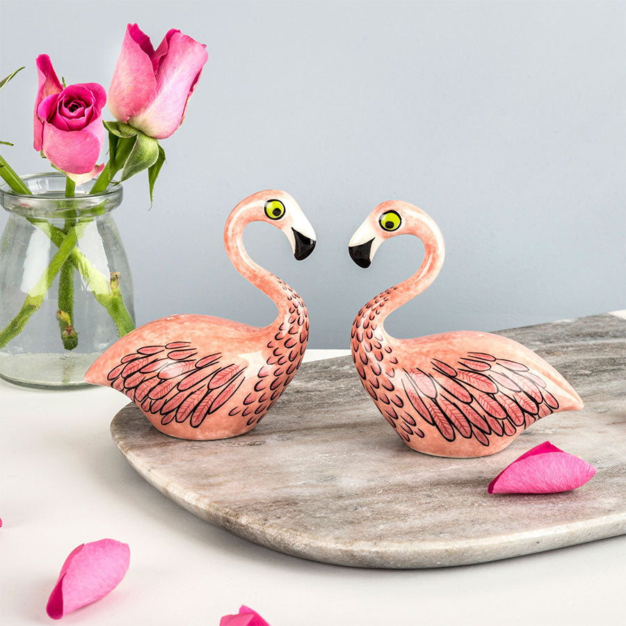 handmade ceramic flamingo salt and pepper shakers by hannah turner