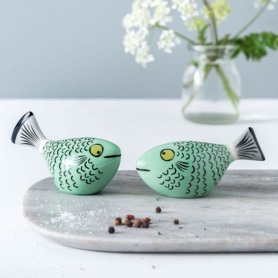 Handmade Ceramic Green Fish Salt and Pepper Shakers by Hannah Turner