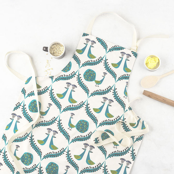 Peacock design organic unbleached cotton apron, kitchen linens by Hannah Turner