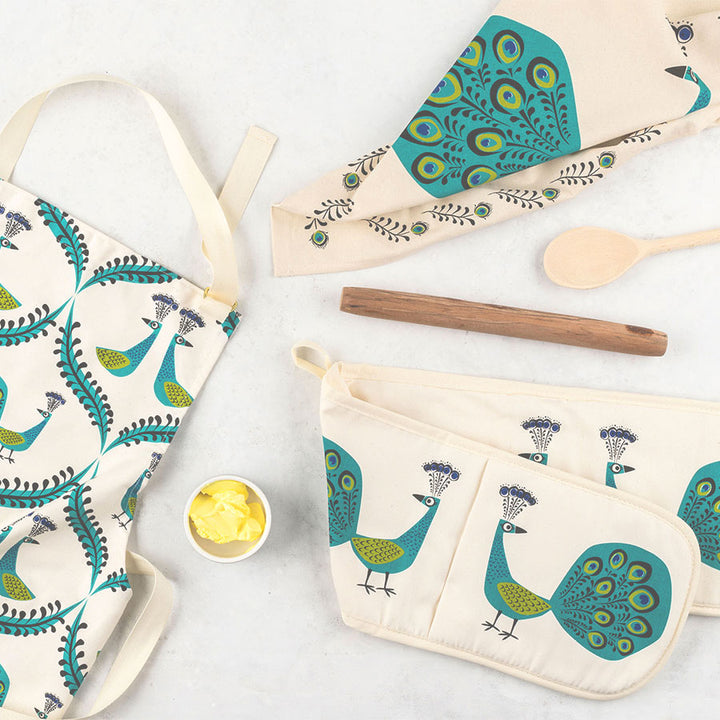 Peacock design organic unbleached cotton tea Towel, apron and double oven gloves, kitchen linens by Hannah Turner