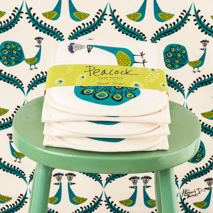 Peacock design organic unbleached cotton double oven gloves, kitchen linens by Hannah Turner
