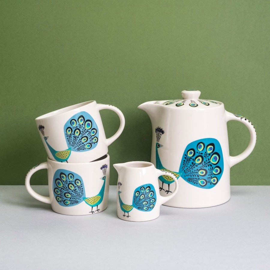 Handmade Ceramic Peacock Mugs, Baby Jug, Teapot by Hannah Turner