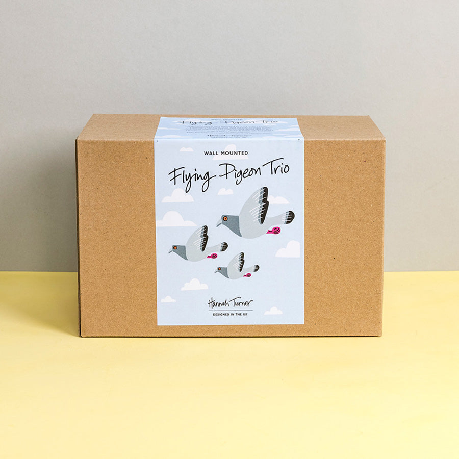 Brown kraft box with flying pigeon design on a light sky blue background with clouds and printed with text 'Hannah Turner designed in the UK'. Packaging for Hannah Turner's Flying Pigeon Trio Ceramic Wall Art.