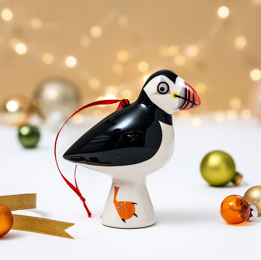 Handmade Ceramic Puffin Hanging Christmas Decoration by Hannah Turner