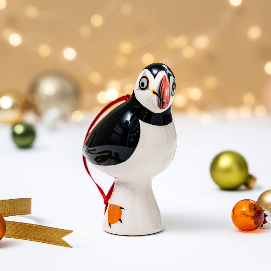 Handmade Ceramic Puffin Hanging Christmas Decoration by Hannah Turner