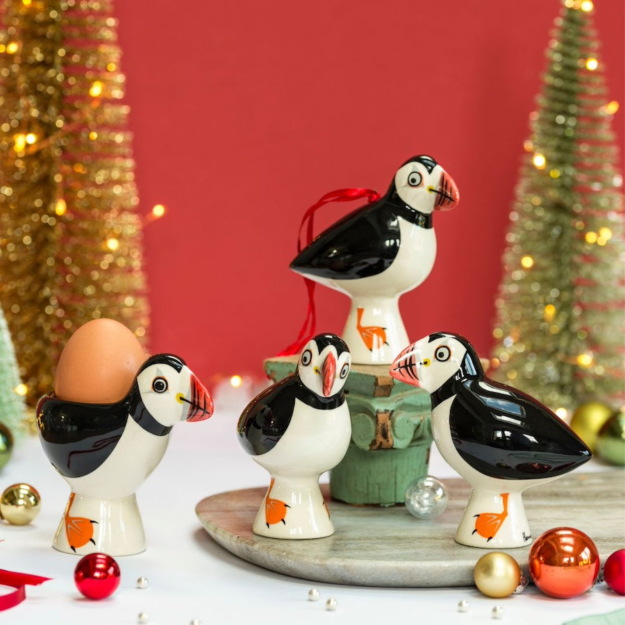 Handmade Ceramic Puffin Salt and Pepper Shakers, Egg Cup and Christmas decoration by Hannah Turner 