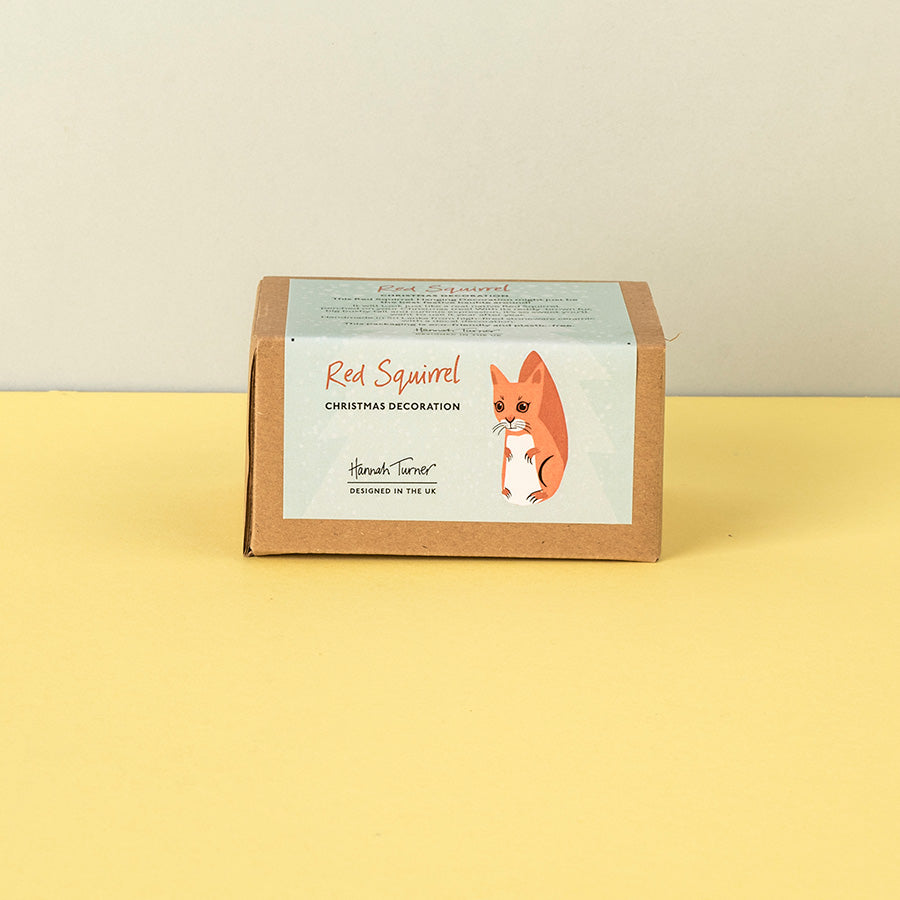 A brown kraft paper box for a 'Red Squirrel Christmas Decoration' by Hannah Turner, featuring a light blue label with an illustration of a red squirrel, set against a split beige and yellow background.