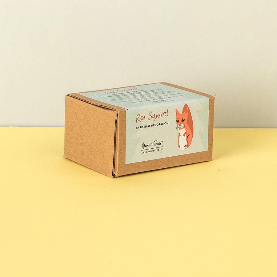 A small brown kraft paper box with a printed label reading 'Red Squirrel Christmas Decoration' and showing an illustration of a red squirrel, photographed on a pale yellow surface against a light beige wall.