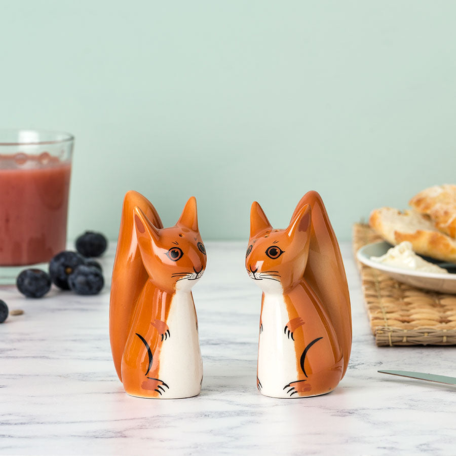 Two ceramic squirrel-shaped salt and pepper shakers in orange and white, placed on a marble countertop with breakfast props including blueberries, a glass of juice, and bread in the background.