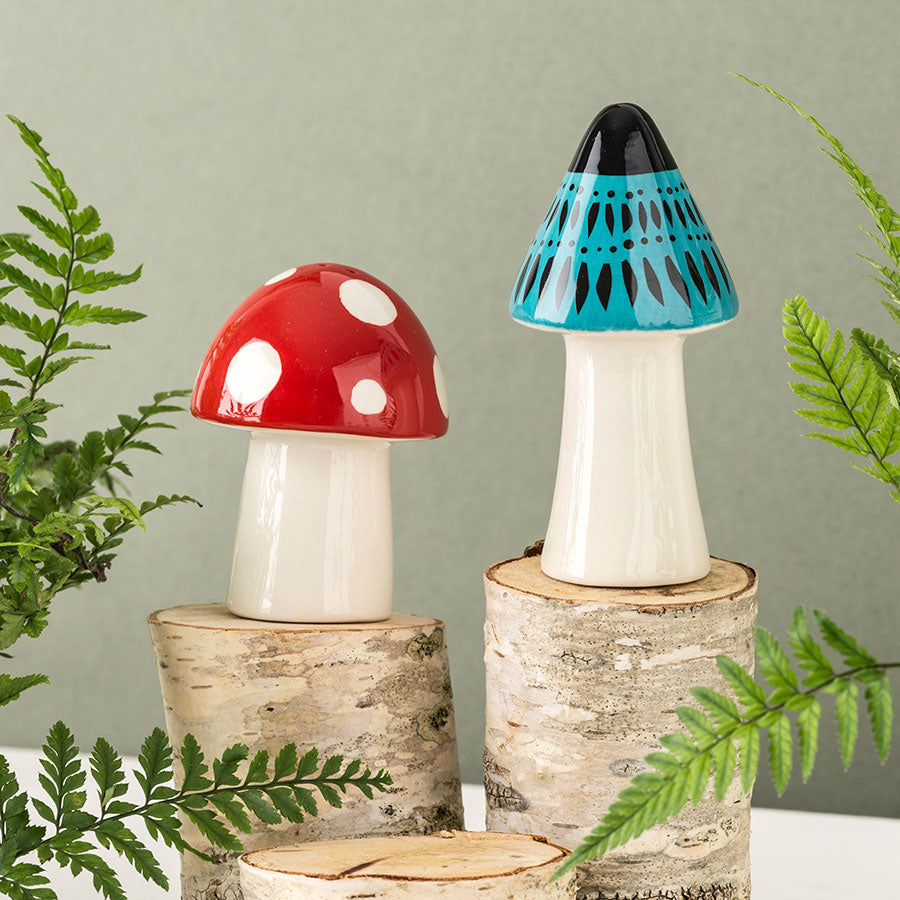 pottery toadstool salt and pepper shakers by Hannah Turner, perfect toadstool gift for mushroom lovers