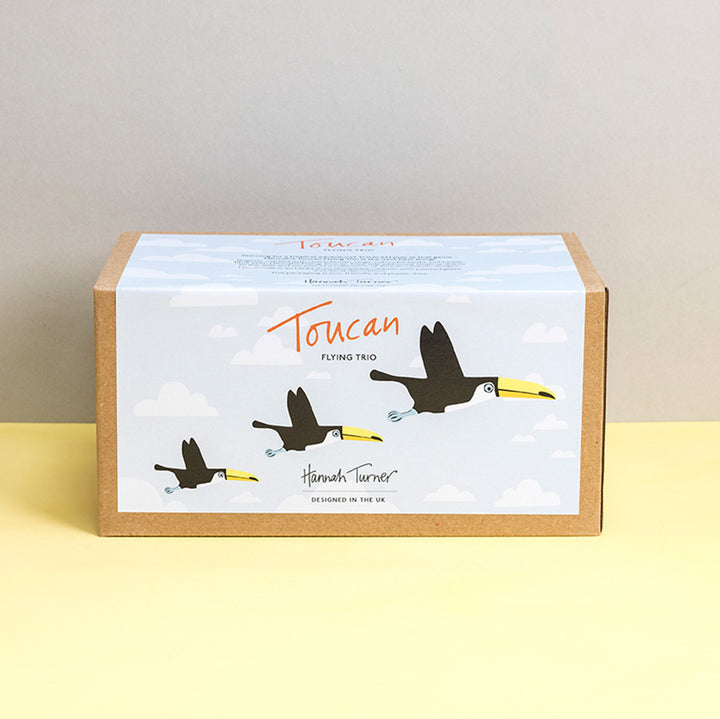 A brown cardboard gift box with a printed white label featuring toucan illustrations and the text 'Toucan Flying Trio' designed byHannah Turner. Photographed on a pale yellow surface against a light grey background.