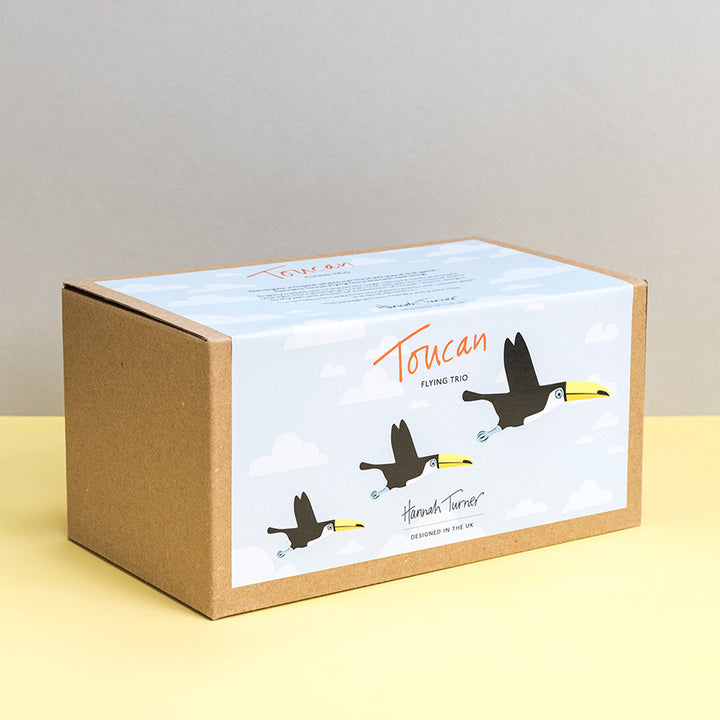 A brown cardboard gift box with a printed white label featuring toucan illustrations and the text 'Toucan Flying Trio' designed byHannah Turner. Photographed on a pale yellow surface against a light grey background.