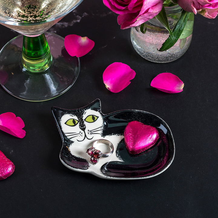 Handmade Ceramic Black and White Cat Trinket Dish