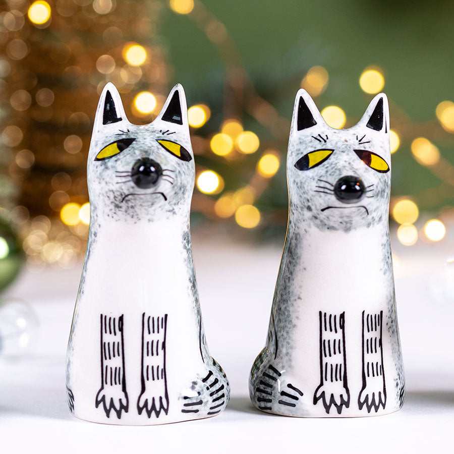 Handmade ceramic wolf salt and pepper shakers by Hannah Turner