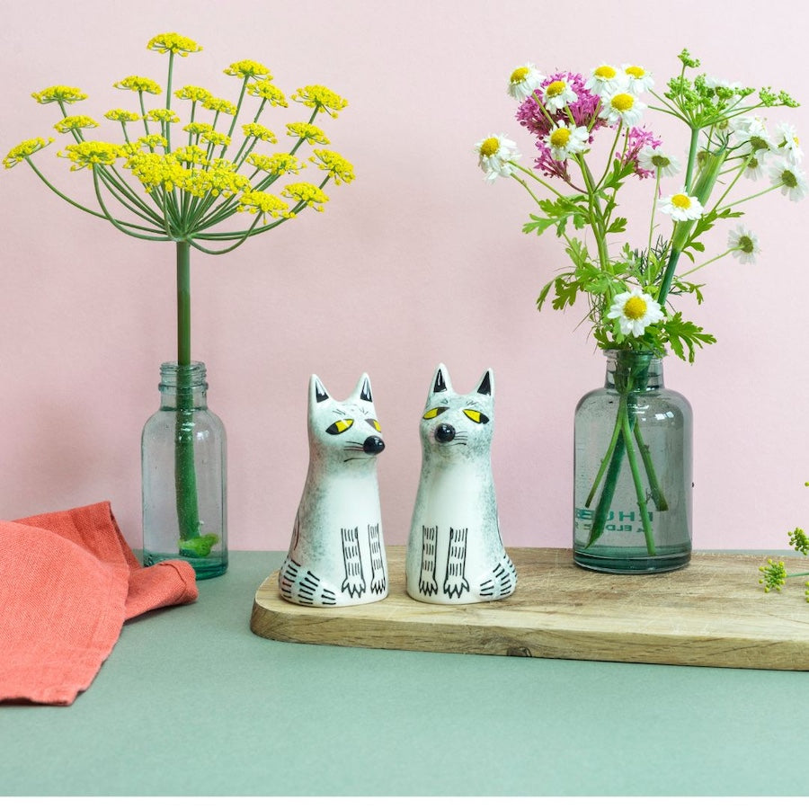 Handmade Ceramic Wolf Salt and Pepper Shakers by Hannah Turner