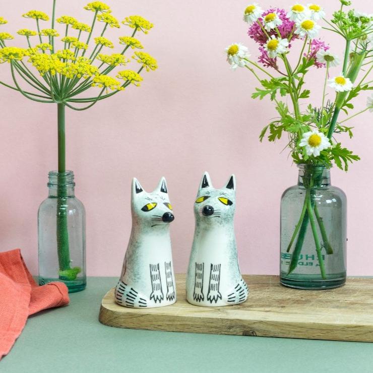 Handmade Ceramic Wolf Salt and Pepper Shakers by Hannah Turner