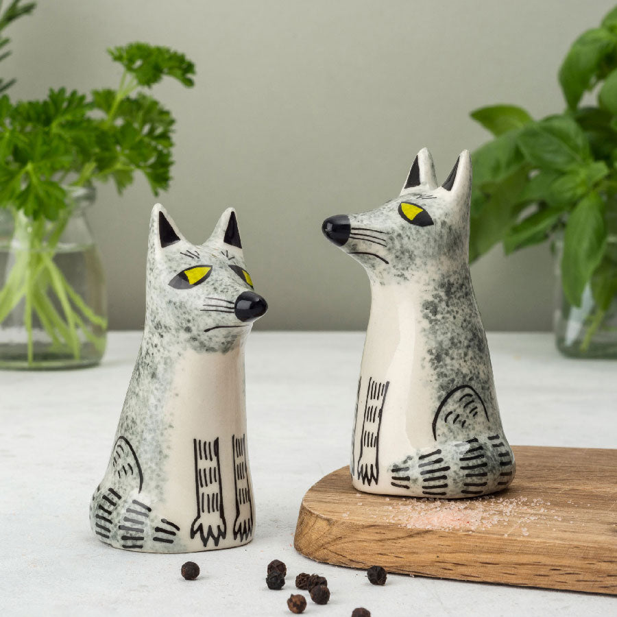 Handmade ceramic wolf salt and pepper shakers by Hannah Turner