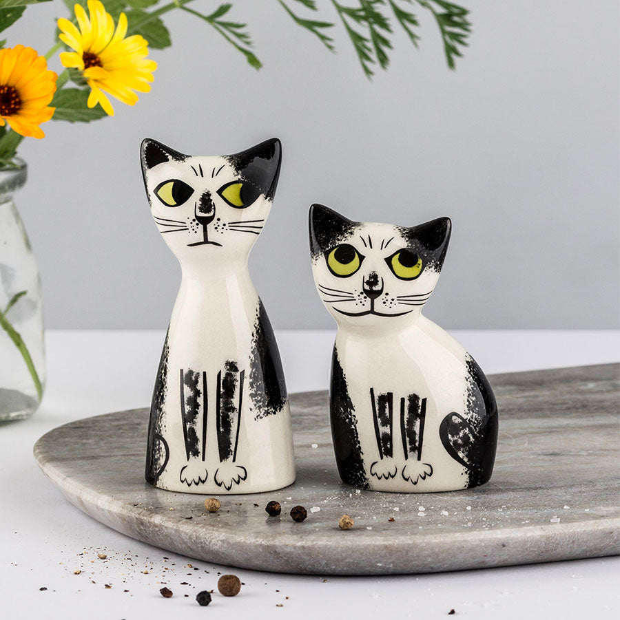 Handmade Ceramic Black and White Cat Salt and Pepper Shakers by Hannah Turner