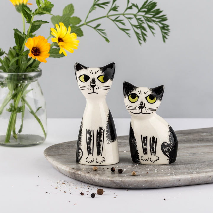Handmade Ceramic Black and White Cat Salt and Pepper Shakers by Hannah Turner