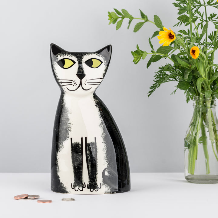 Handmade Ceramic Black and White Cat Money Box by Hannah Turner