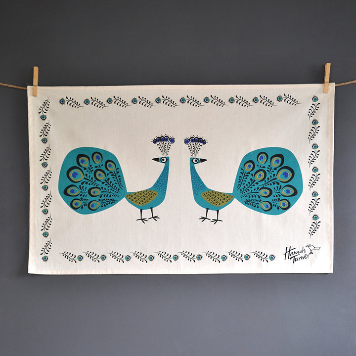 Screen Printed Unbleached Cotton Peacock Tea towel by Hannah Turner