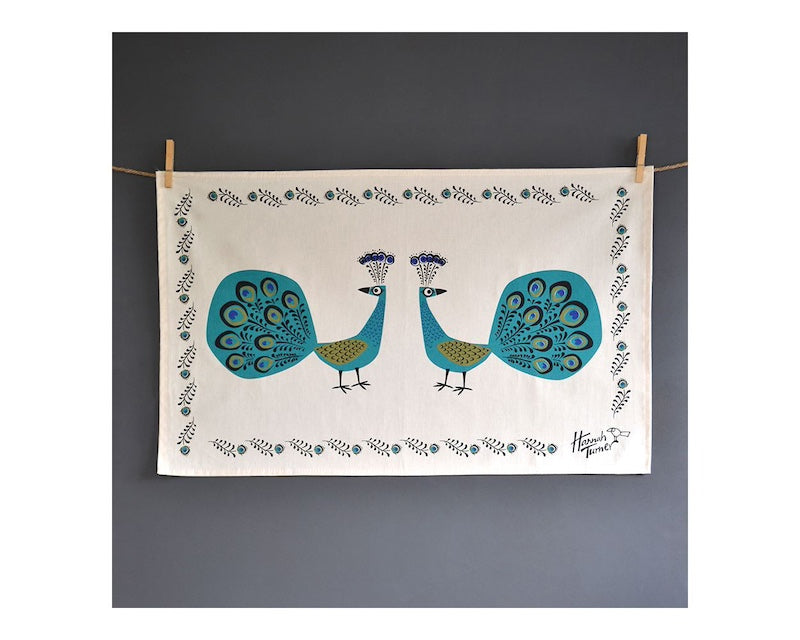 Screen Printed Unbleached Cotton Peacock Tea towel by Hannah Turner