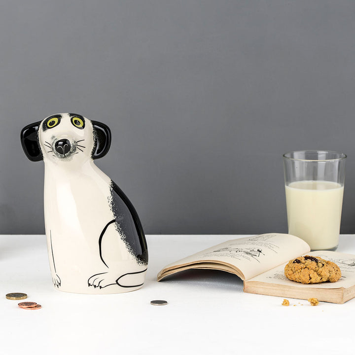Handmade Ceramic Black and White Dog Money Box by Hannah Turner