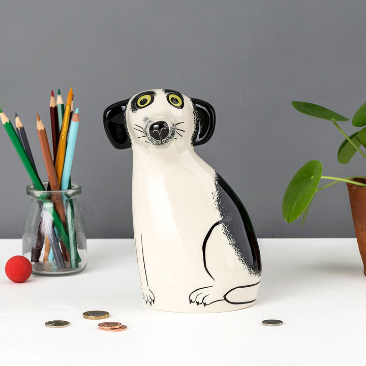 Handmade Ceramic Black and White Dog Money Box by Hannah Turner