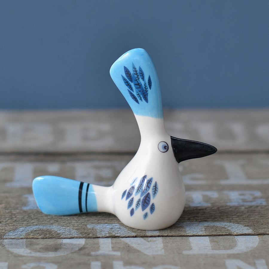 Handmade Ceramic Blue 'Crested Baby' Bird Ornament by Hannah Turner