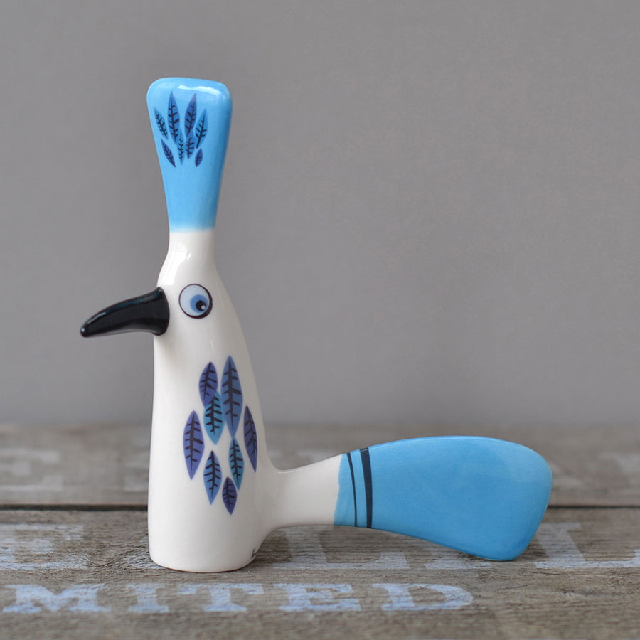 Handmade Ceramic Blue Crested Chatter-Bill Bird Ornament by Hannah Turner