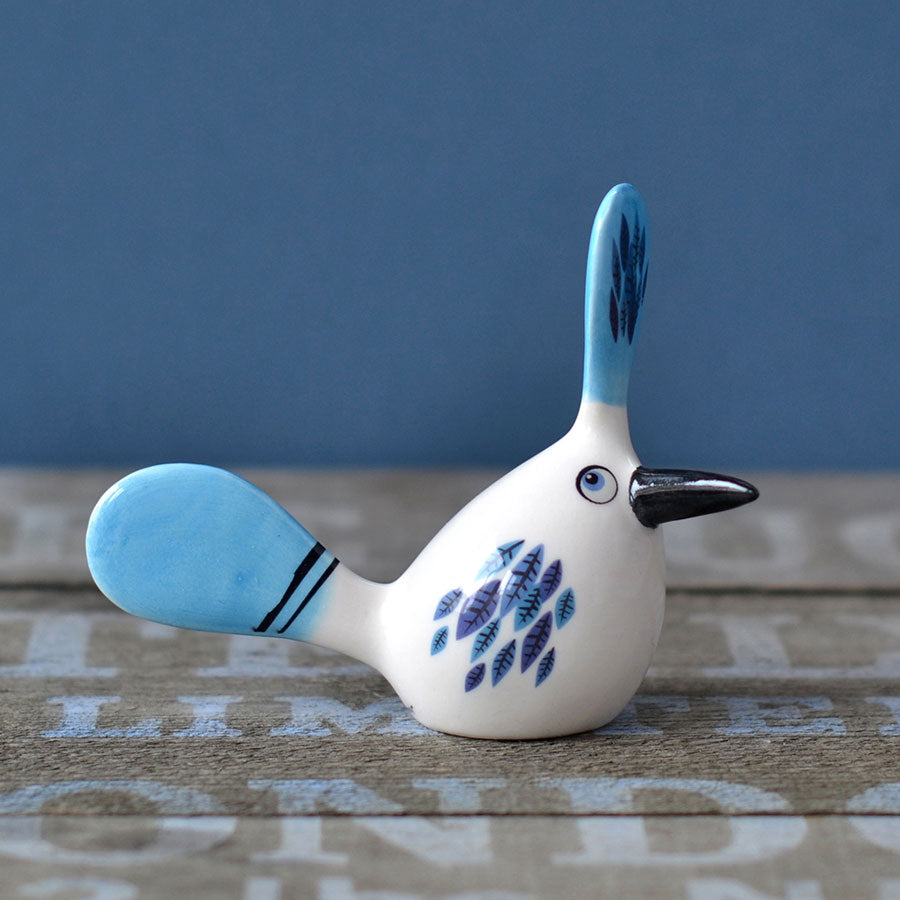 Handmade Ceramic Crested Fantail Bird Ornament in Blue by Hannah Turner