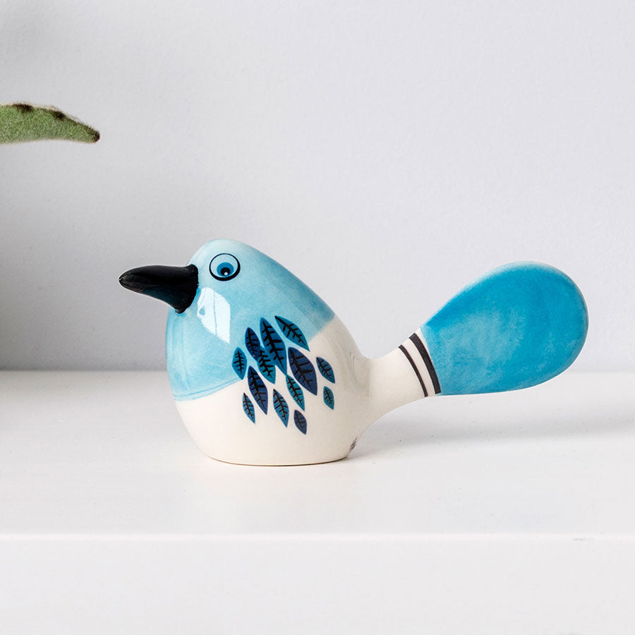 Handmade Ceramic Blue 'Fantail' Bird Ornament by Hannah Turner