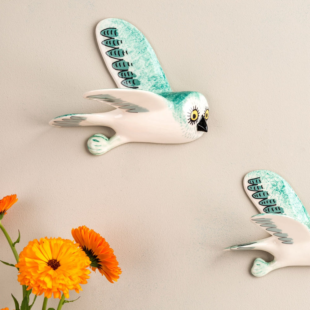 Handmade Ceramic Teal Blue Wall-Mounted Flying Owl Trio by Hannah Turner
