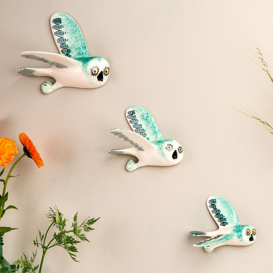 Handmade Ceramic Teal Blue Wall-Mounted Flying Owl Trio by Hannah Turner