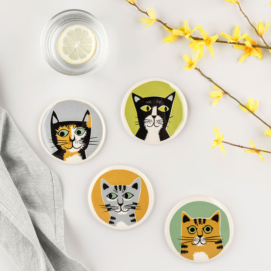 Handmade Ceramic Cat Coasters box set of 4 by Hannah Turner