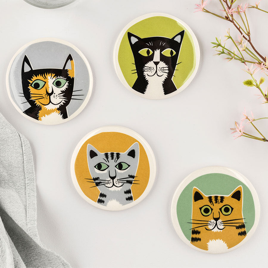 Handmade Ceramic Cat Coasters box set of 4 by Hannah Turner