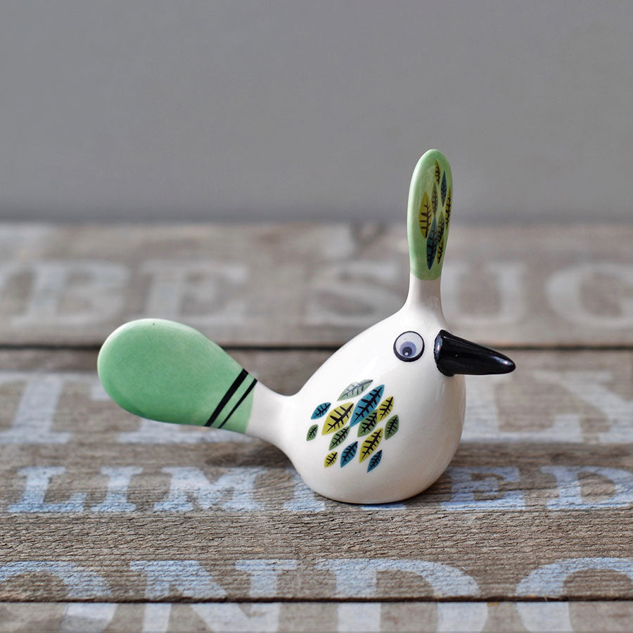 Handmade Ceramic Crested Fantail Bird Ornament in Green by Hannah Turner