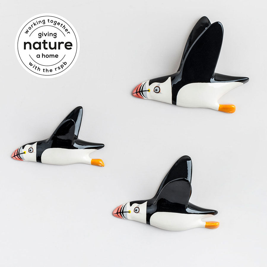 Handmade Ceramic Puffin Wall Mounted Trio by Hannah Turner