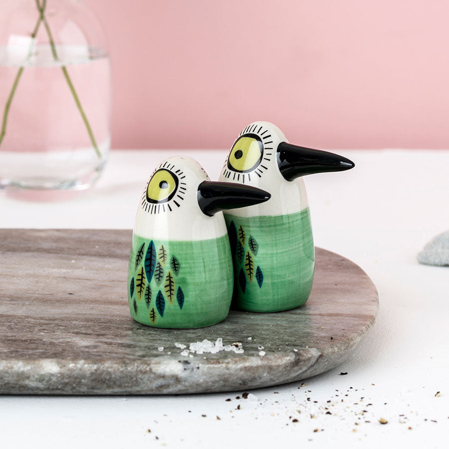 Handmade Ceramic Green Bird Salt and Pepper Shakers by Hannah Turner