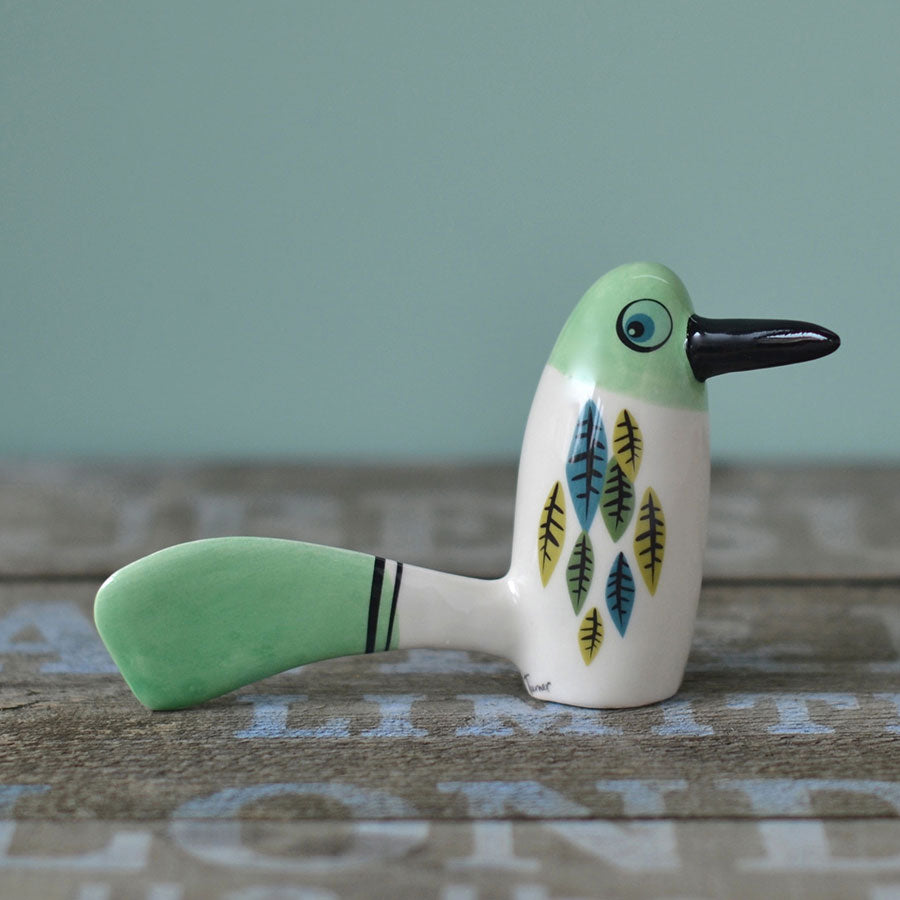 Handmade Ceramic Green 'Chatter-bill' Bird Ornament by Hannah Turner