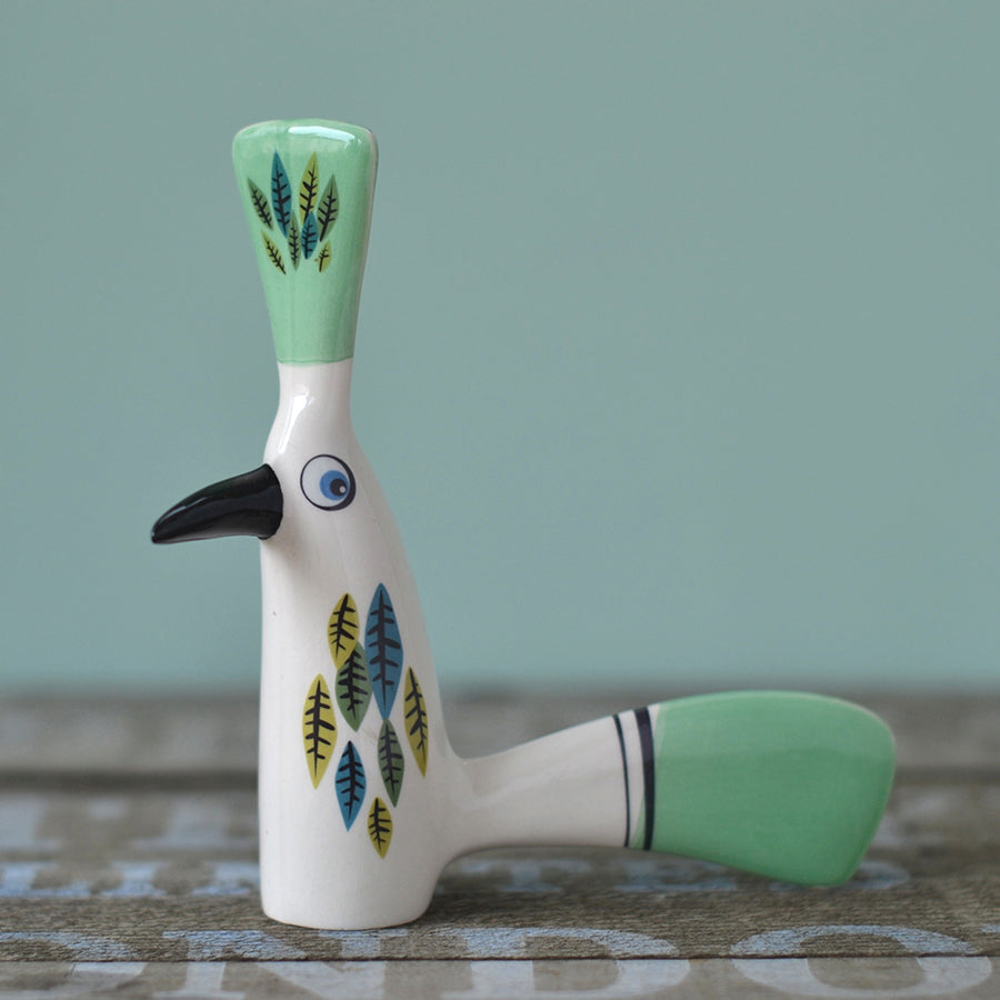 Handmade Ceramic Green Crested Chatter-Bill Bird Ornament by Hannah Turner