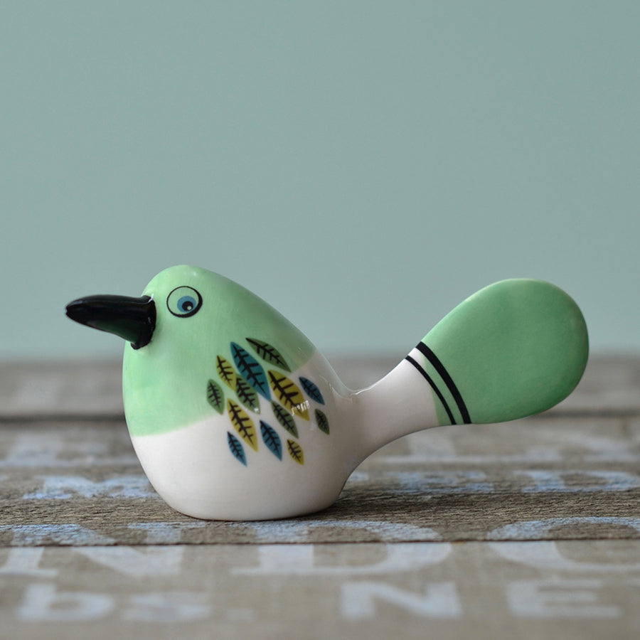 Handmade Ceramic Green 'Fantail' Bird Ornament by Hannah Turner